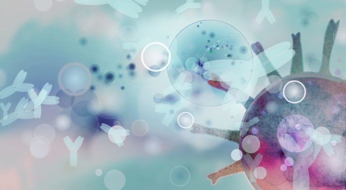 Abstrakte Darstellung von Viren und Antikörpern in blauen und violetten Farbtönen